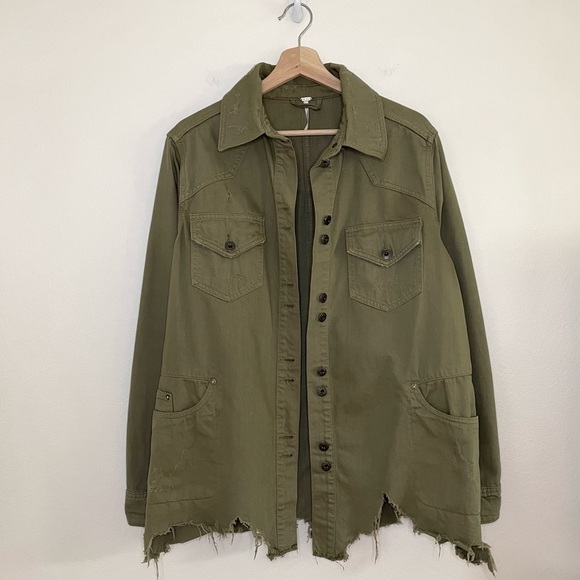 Free People Moonchild Distressed Denim Shirt Jacket Moss Green Small - Picture 5 of 16